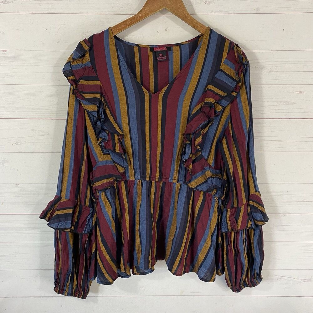 Rock & Roll Cowgirl Womens Ruffled Striped Blouse XL Multicolor Pullover Viscose